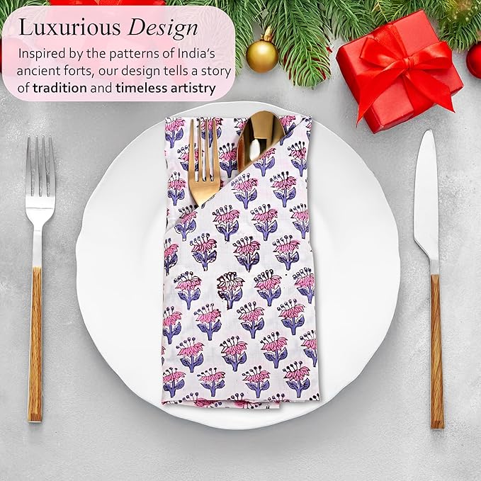CPC Pink Sapphire Indian Block Print Cotton Cloth Napkins Set of 4, 18x18 Reusable Everyday Napkins, Soft, Absorbent, Floral Dinner Napkin, Holiday, Party Gift, Spring,Mother's Day