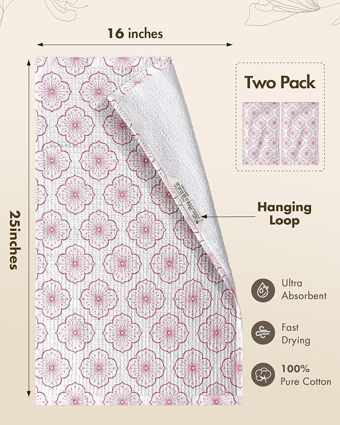 Miss Adola Cotton Waffle Kitchen Towels – Cute 370 GSM 16x25 Inch Terry Cloth Waffle Decorative Dishcloth for Kitchen Set of 2 with Hanging Loop Absorbent Hand Tea Towel for Home Design, Sakura