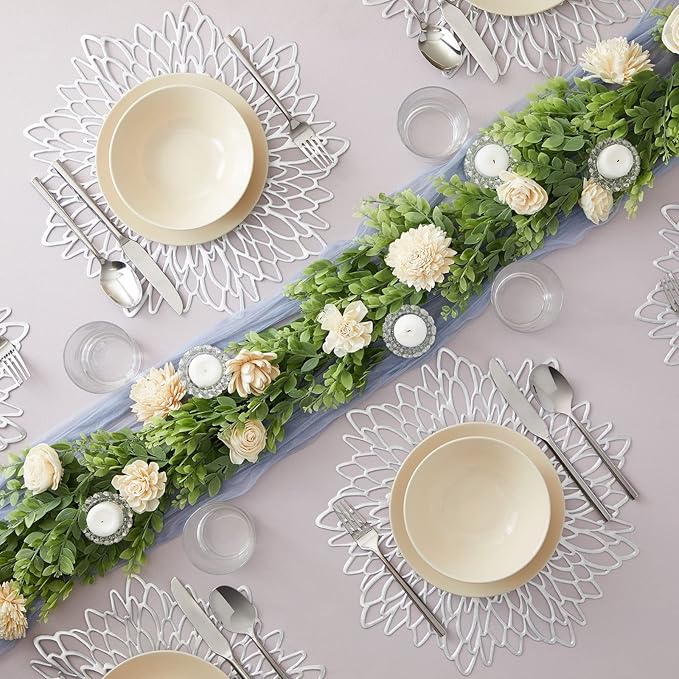 Juvale 10 Pack Silver Metallic Vinyl Placemats - 14.4" x 14.4" Round Table Mats and Chargers with Leaf Design for Elegant Table Decor and Protection - Stylish Charger Plates for Weddings and Parties