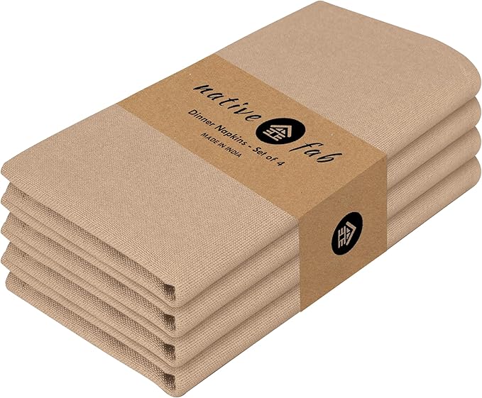 Native Fab Solid Cloth Napkin Set of 4, 100% Cotton, Washable, Reusable Dinner Cloth Napkin 17x17 inches, Table Decor Napkins for Dinner, Events, Beige