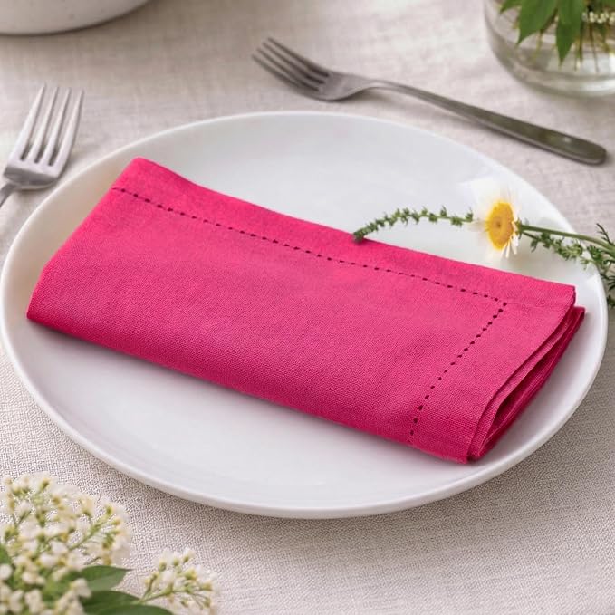 Palisa Hot Pink Cotton Napkins Set of 4 | Premium Hemstitch Detailing Cloth Dinner Napkins 18x18 Inch | Soft Washable & Reusable Table Napkins for Everyday Use Weddings Parties Restaurants & Hotels