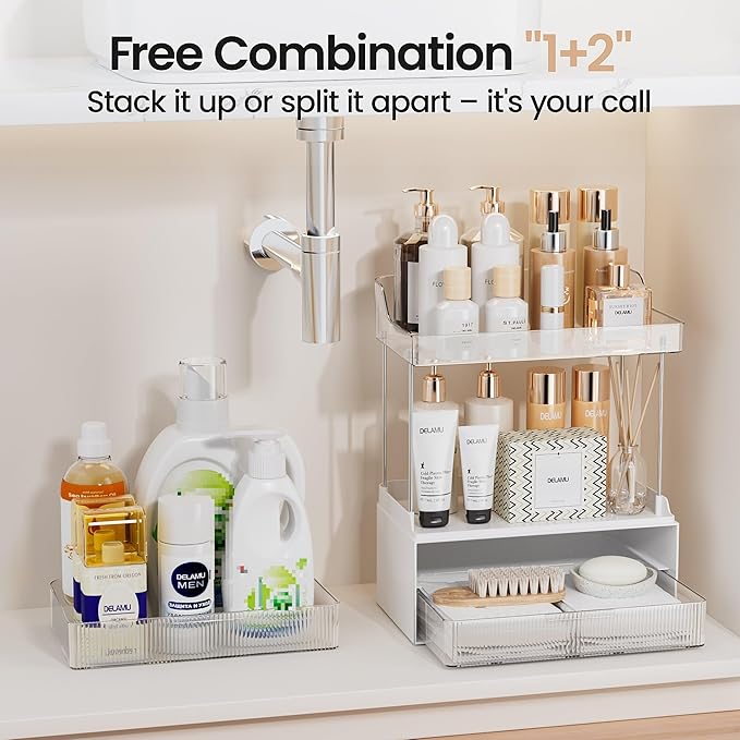 Delamu Bathroom Organizers and Storage, 2 Tier 2 Drawer Makeup Organizer Countertop, Easy to Install, Ideal for Bathroom Counter, Vanity, Ideal for Women Girls, Clear