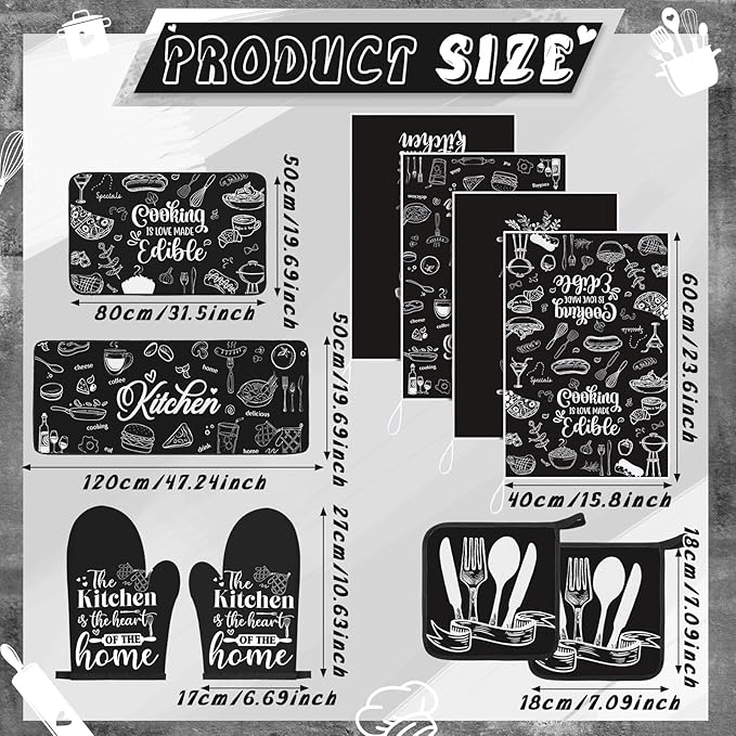Fourluoo 10 Pcs Black Kitchen Decor and Accessories Black Kitchen Towels Rugs Oven Mitts and Pot Holders Set Gloves Vintage Potholders for Baking Cooking Chef
