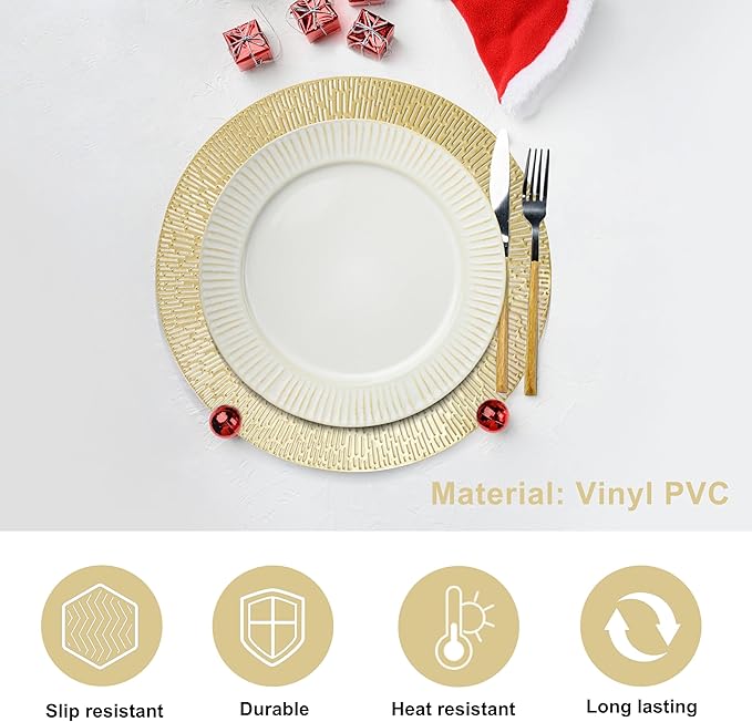 Snowkingdom Gold Placemats Round Set of 8, Gold Metallic Hollow Vinyl 15 Inch Round Placemat, Washable Wipeable Easy Clean Non Slip Stain Kitchen Dining Table Place Mats for Wedding Party Decoration