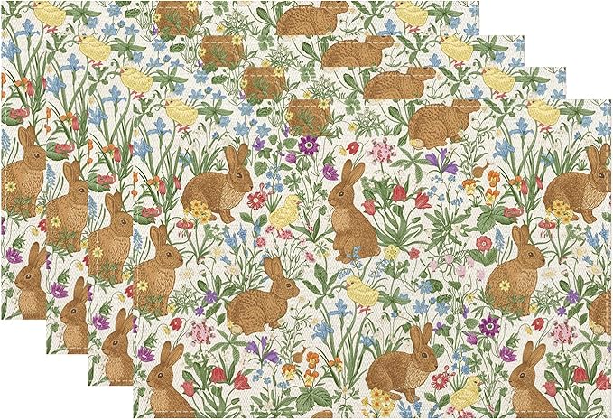 Spring Place mats Set of 4,12x18 Inches Cute Brown Rabbit Floral Placemats Rectangle Easter Decor Bunny Flower Linen Table Mats for Party Home Kitchen Dining Table Decoration