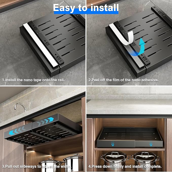 Mustorn 2 Pack Pull Out Cabinet Organizer, Expandable Slide Out Drawers for Kitchen Cabinets Peel and Stick Pullout Drawer Heavy Duty Sliding Shelves for Cupboard, Pantry, Bathroom(16.5" Deep, Black)