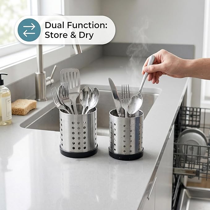 TOPZEA Set of 4 Kitchen Utensil Holder, Stainless Steel Cooking Utensil Organizer Flatware Silverware Holder Drying Rack Cylinder Kitchen Countertop Caddy for Chopstick, Spoon, Fork, Cultery, Straw