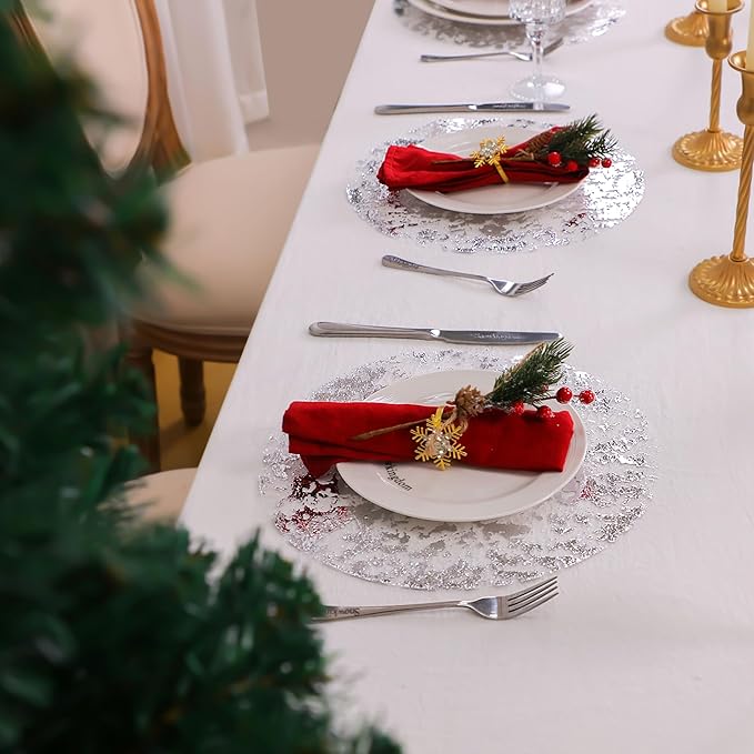 Snowkingdom Silver Disposable Placemats Set of 12 Foil Mesh 13 Inch Round Pressed Table Mates 12 Pack Silver Doilies for Dining Table Wedding Birthday Party Holiday Home Decoration