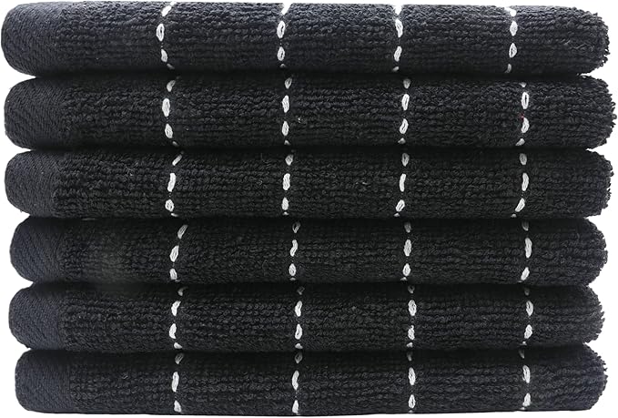 Natural Cotton Dish Cloths Waffle Weave Kitchen Towels,Ultra Absorbent Quick Drying Dish Towels, Soft Comfort Cleaning Cloth Washcloths, Set of 6 (Black, 12 x 12 Inches)