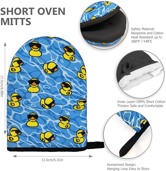 Yellow Duck Oven Mitts, High Heat Resistant Kitchen Oven Gloves, Mini Silicone Oven Mitts, Non-Slip Grip Surfaces and Hanging Loop for Grilling, Baking, Cooking and Microwave, Gift