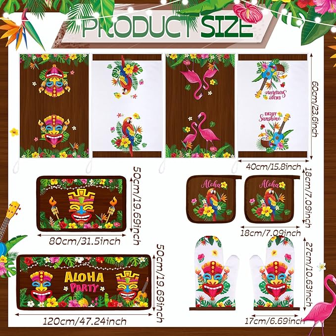 Fourluoo 10 Pcs Hawaii Kitchen Towels Oven Mitts and Pot Holder Luau Aloha Kitchen Set Decor Flower Tropical Palm Rugs and Mats Parrot Flamingo Dish Towels for Summer Chef Baking Cooking Grilling BBQ