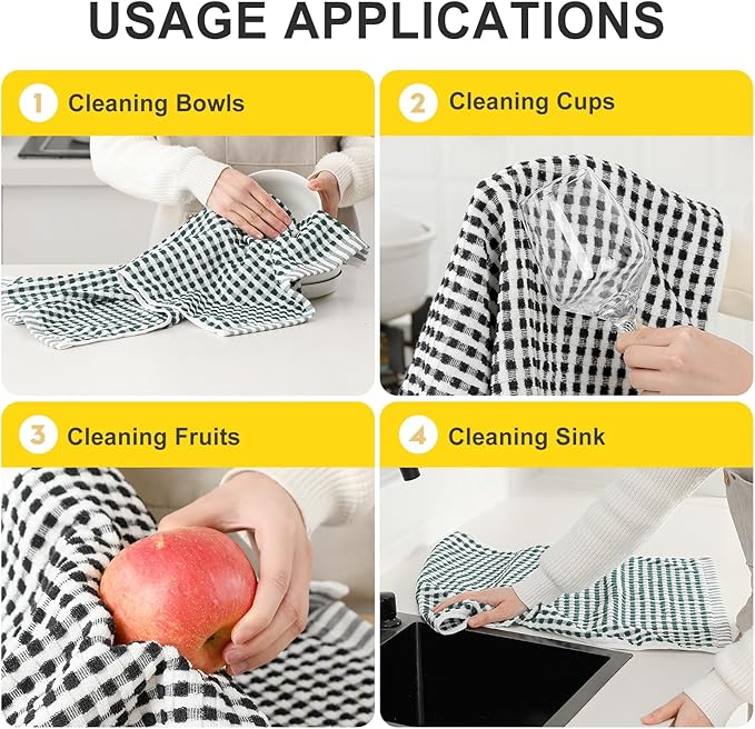SALAS Cotton Dish Towels Cloths for Kitchen Drying Dishes, Lattice Terry Kitchen Towels, Highly Absorbent Kitchen Cloths with Hanging Loop, 16‘’ x 26‘’,4 Packs, Green and Black