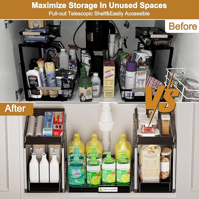 NIUXX Expandable Under Sink Organizer: 2 Tier Under Cabinet Organizer - Double Pull Out Shelf Under Sink Storage for Kitchen - Bathroom and Laundry Room - Space Saving