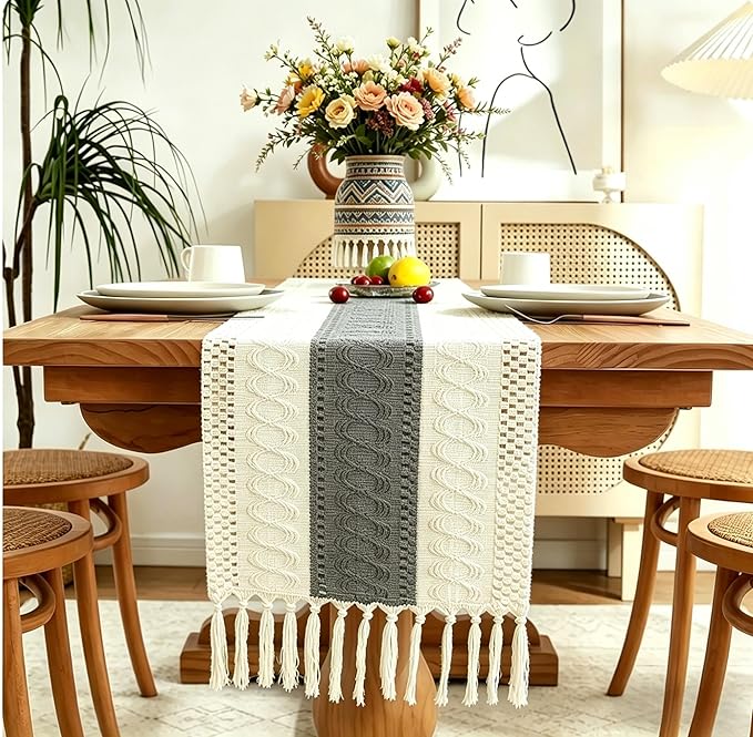 Boho Table Runner for Home Decor with Tassels 72 Inches Long , Farmhouse Rustic Grey Table Runners for Bohemian Kitchen Dining Table(12x72in)