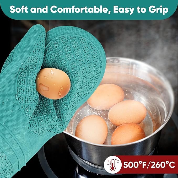 Silicone Oven Mitts, Heat Resistant Oven Gloves with Quilted Liner, Waterproof & Non-Slip Kitchen Mittens for Baking Cooking BBQ, 500°F, 12.5"-Aqua Sky