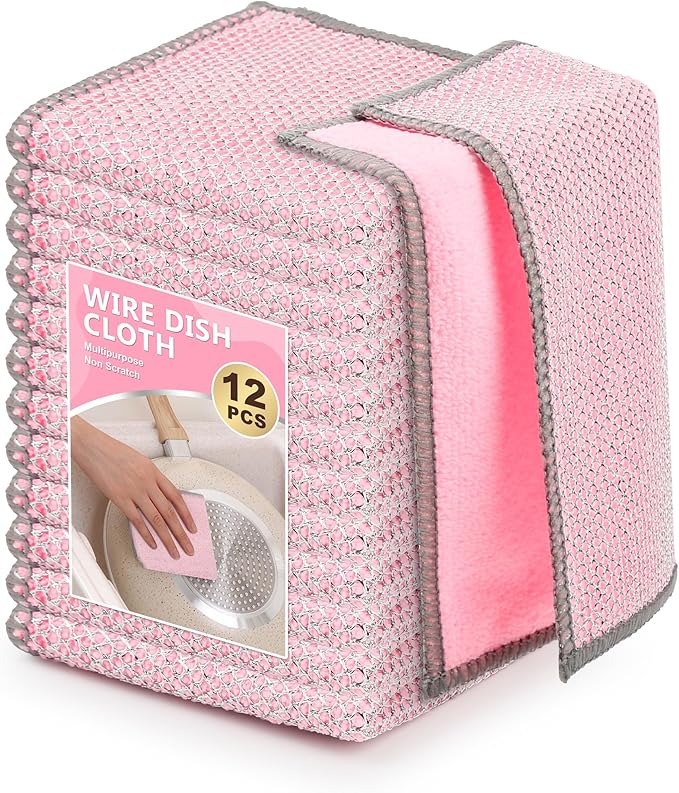 12Pack Upgrade Multipurpose Wire Dishwashing Rags, Dual-Side Non Scratch Wire Dishcloth, for Wet and Dry Use, Reusable Metal Scrubbing Microfiber Clean Cloths for Home/Kitchen/Stove(Pink)
