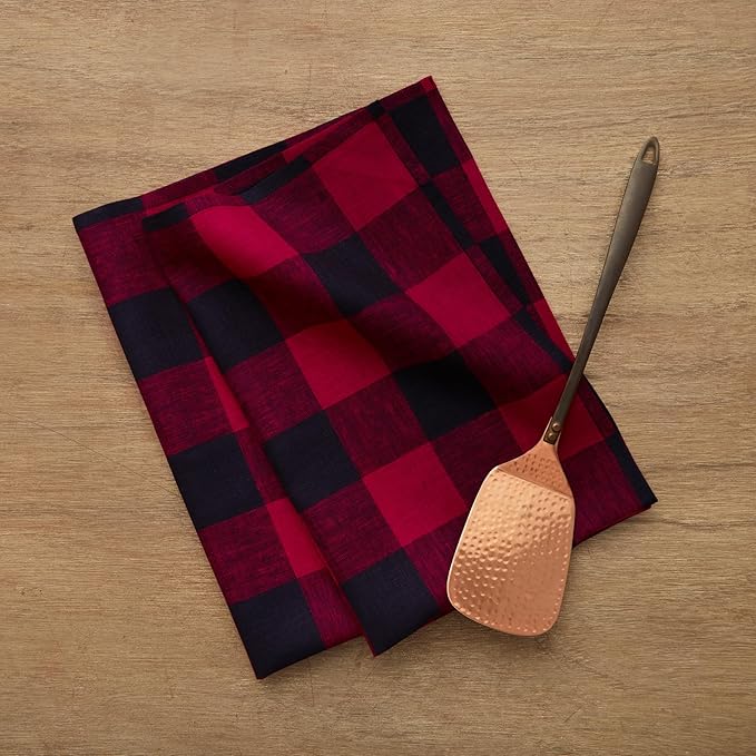 Solino Home Linen Kitchen Towels Set of 2 - Red and Black 16.5 x 26.5 Inch - 100% Pure Linen Buffalo Check Kitchen/Tea Towels - Machine Washable and Handcrafted from European Flax