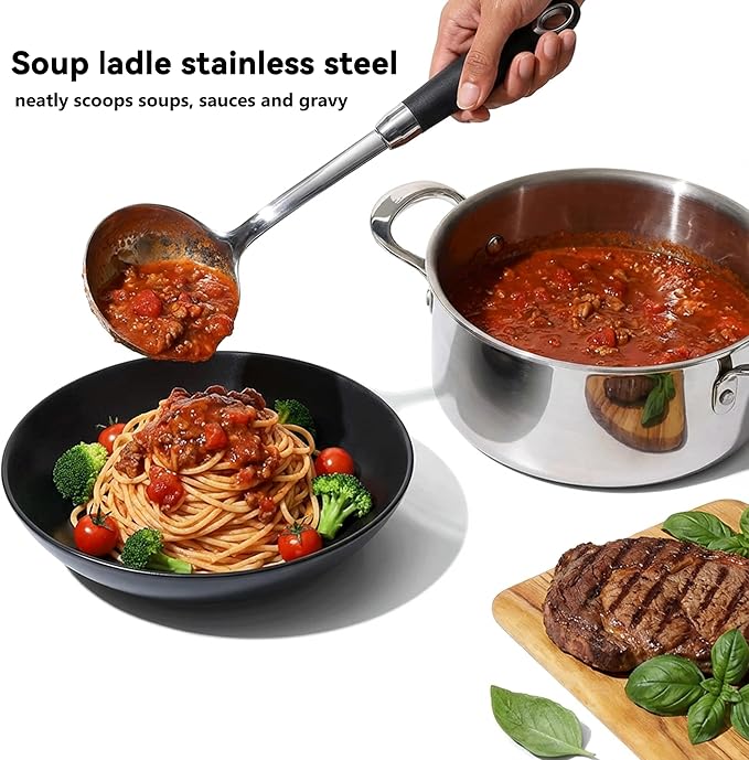 304 Stainless Steel Spoon Set, Soup Ladle, Solid & Slotted Cooking Spoons, Non-Slip Heat-Resistant Handles, Dishwasher Safe Kitchen Tools,Stainless Steel Large Serving Spoons Set pack of 3