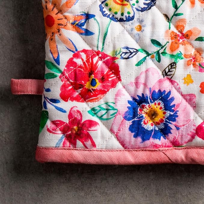 Maison d'Hermine Oven Gloves 100% Cotton Oven Mitt 7" x 13" with Loop Heat Resistant BBQ Cooking Gloves Baking Grilling Gifts for Mothers Day Spring/Summer(Pack of 1, Happy Florals - High Summer)