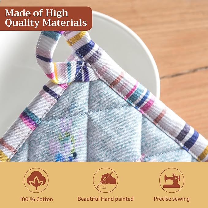 Maison d' Hermine 100% Cotton Oven Mitt & Pot Holder Set (7.5"x13" & 8"x8") Heat Resistant BBQ Cooking Gloves with Loop Kitchen Gifts for Mothers Day Spring/Summer (Sweet Rose Lavender - Lush)