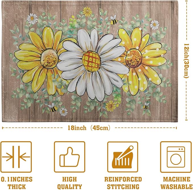 Spring Summer Floral Set of 4 Sunflower Daisy Eucalyptus Leaf Wooden Board Place Mats 12x18 Inch Rustic Vintage Flowers Farmhouse Table Mats for Home Kitchen Dining Decoration