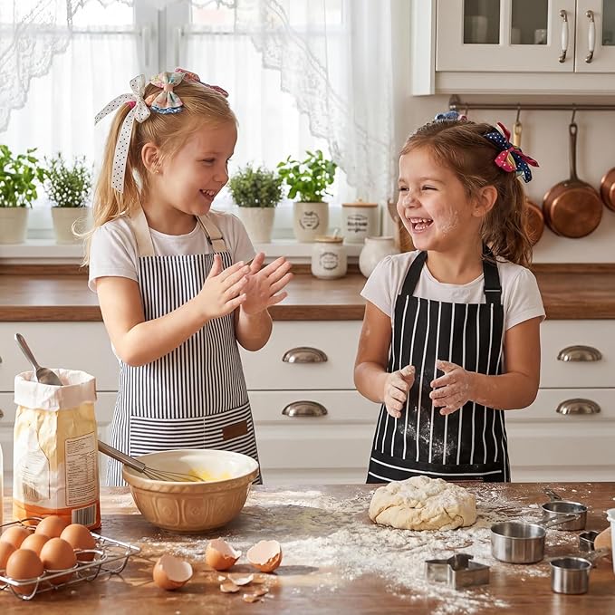 2 Pack Stripes Kids Apron, Kids Cooking Aprons with 2 Pockets, Cute Aprons for Cooking for Boys and Girls