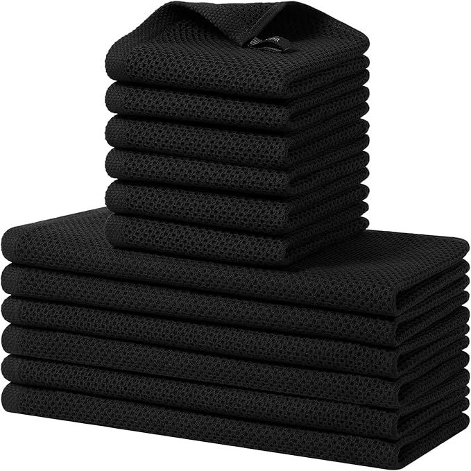 Kitinjoy 100% Cotton Kitchen Towels and Dishcloths Set, 12 Pack-13" x 28" and 12" x 12" Waffle Weave Dish Towels, Ultra Soft Absorbent Quick Drying Dish Rags, Black
