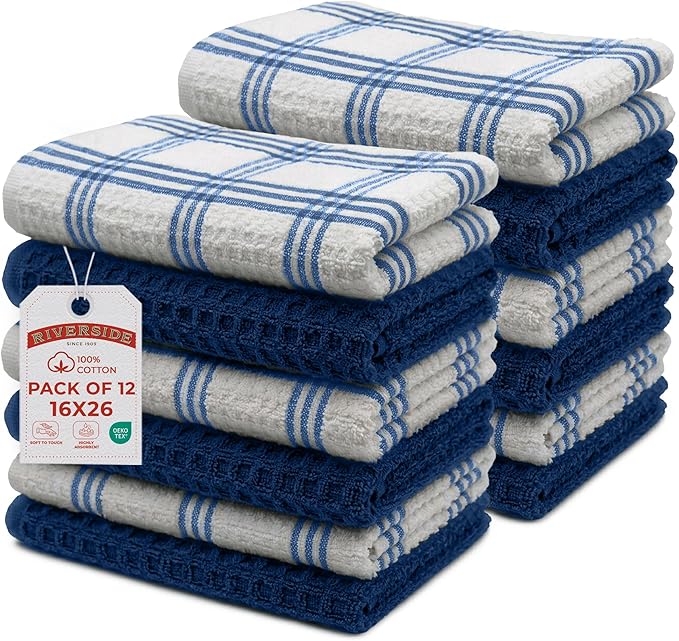 RIVERSIDE Pack of 12 Premium Kitchen Towels 16 x 26 Inches, 100% Cotton Kitchen Hand Towels, Super Soft and Highly Absorbent Dish Towels for Kitchen (Blue Opal)