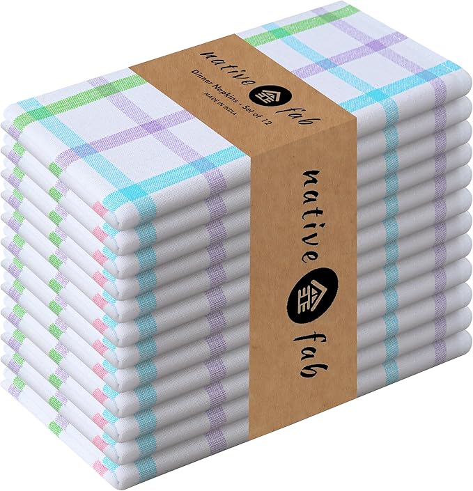 Native Fab Spring Easter Check Cloth Napkins Set of 12, 16x16 Inches, 100% Cotton, Colorful & Absorbent Fabric Cloth for Weddings, Holidays, Reusable Washable Napkin for Everyday Use - Multicolor