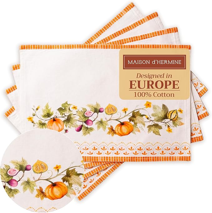 Maison d' Hermine Placemats Set of 4 100% Cotton Washable Cloth Place Mats, Reusable Table Mats for Thanksgiving Christmas Decorations Kitchen Dining Party (Pumpkin Garden - Cloudy Cream, 13" x 19")