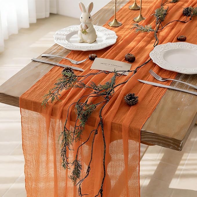 Keketoarrange 3pcs Orange Gauze Rustic Cheesecloth Table Runner 120 Inch 10 FT for Wedding Baby Shower Bridal Shower Birthday Engagement Garden Outdoor Party Long Sheer Boho Decorations