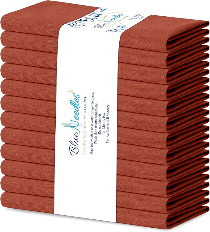 Blue Needles Solid Cloth Napkins Set of 12 Rust 100% Cotton Dinner Napkins 18x18 inches - Soft, Reusable, Absorbent & Washable Linen, Ideal for Spring Summer Easter Events Parties & Everyday Use