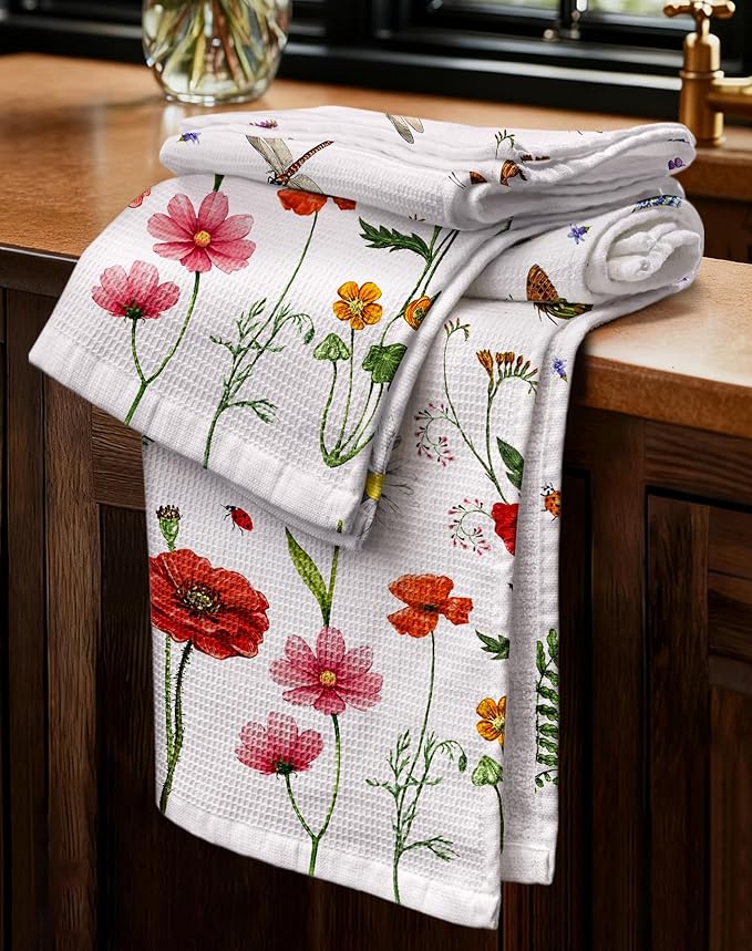 Miss Adola 2pcs Waffle Kitchen Towels - 16x26 Inch Cotton Waffle Weave Dish Cloths Set of 2 with Hanging Loop Absorbent Hand Tea Towels Elegant Design for Housewarming Gift, Wildflower