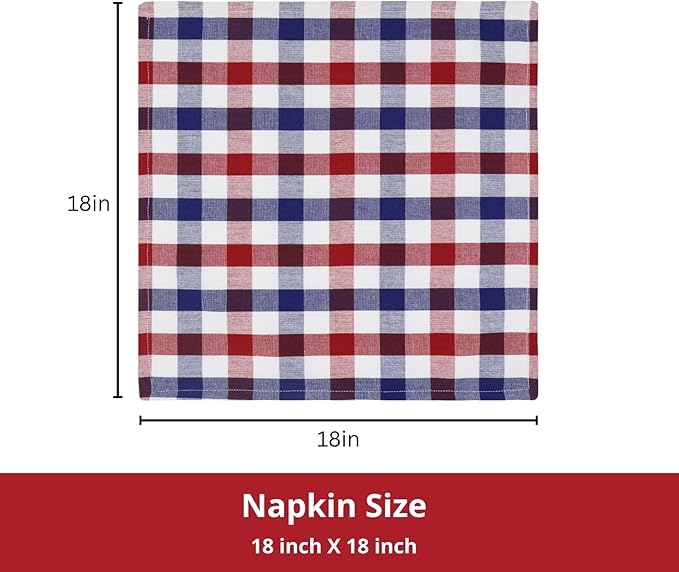 PurpleEssences 4th of July Buffalo Plaid Cloth Napkins - Mitered Corners - Summer - Gingham Check Dinner Napkin - Set of 12-100% Cotton - 18x18 Inch - Reusable Washable - Red White Blue