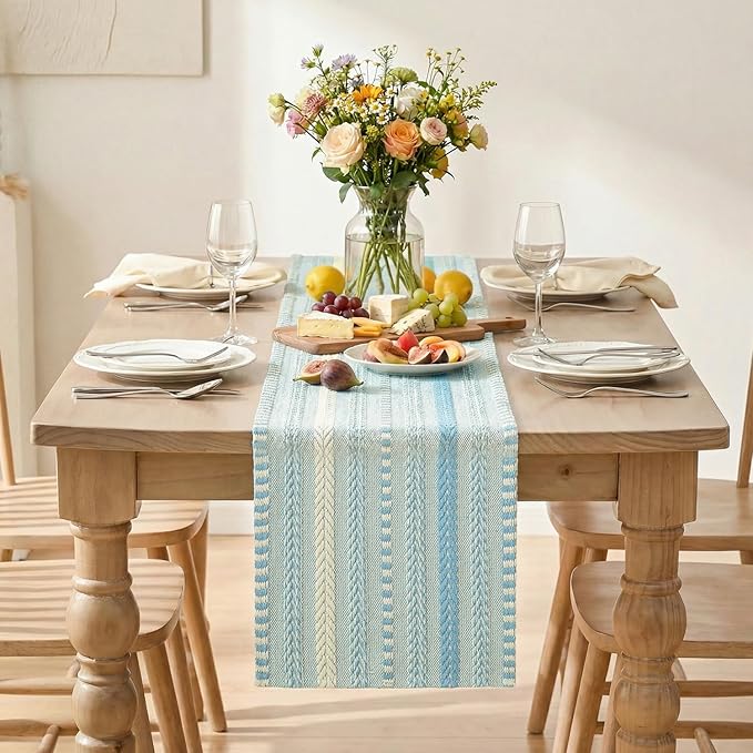 Artoid Mode Sky Blue Farmhouse Woven Table Runner, Seasonal Holiday Rustic Kitchen Dining Table Decoration for Home Party Decor 12x72 Inch