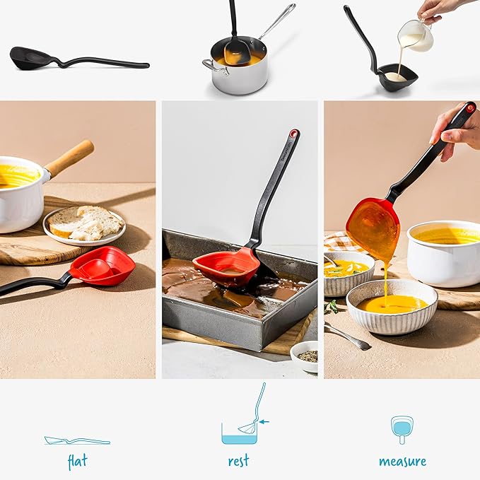 Dreamfarm Fladle Fold-Flat, Space-Saving Serving & Cooking Ladle Measures up to 1/2 Cup with Silicone Scraping Squeegee-Tip - 12" Black