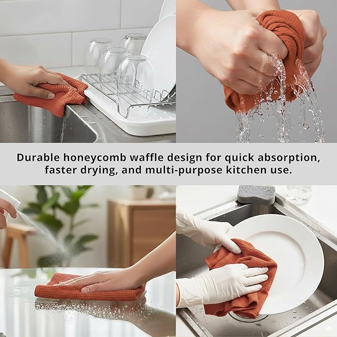 PurpleEssences Rust Dish Cloths and Dish Rags - 6 Pack Waffle Weave Solid Kitchen Dish Wash Cloths, 100% Cotton, 12x12 Inches, Ultra Soft Absorbent Quick Drying - Spring Easter Summer - Rust