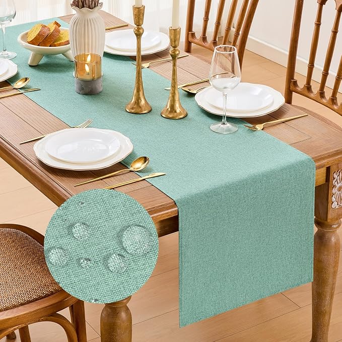 YATOJUZI Sage Green Table Runner Seasonal Sage Green Kitchen Dining Coffee Table Decoration 95 Inches Long Waterproof Green Farmhouse Rustic Table Runner Home Wedding Party Decor 16x95Inch