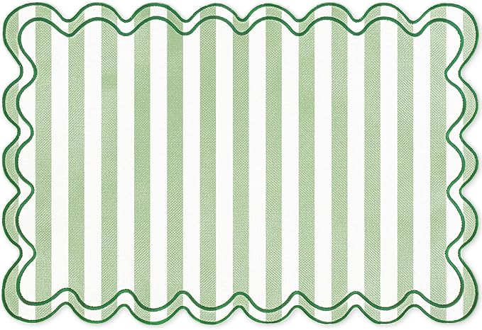 Whaline Green Stripe Linen Placemats Embroidered Scalloped Kitchen Place Mats for Spring Party Home Dining Table Decor, Set of 6, 13 x 19 in