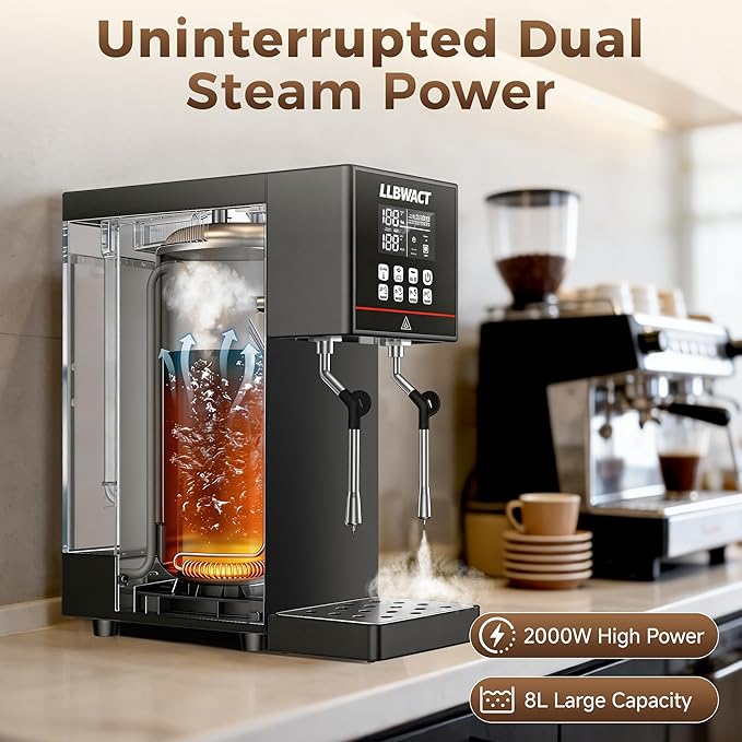 Dual-Head Commercial Steam Milk Frother, 2 Independent Wands, 15s Fast Frothing, 2000W 8L Continuous Steam, Independent Temp Control with LED Display for High-Volume Coffee Shop Restaurant