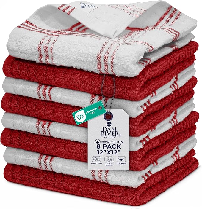 DAN RIVER Premium Dish Cloth 100% Cotton 12 X 12 Inches |Pack of 8|-Ultra Soft Tea Towels-Highly Absorbent Kitchen Rags-Terry Dishcloth for Kitchen and Household Cleaning |Red|