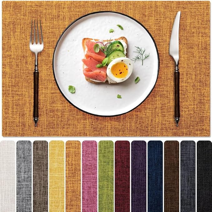 Blue Forest Placemats Set of 6, Dual-Layered Thickened Faux Linen Cloth Place Mats Heat Resistant Machine Washable Wrinkle Free Table Mats Indoor/Outdoor (Orange)