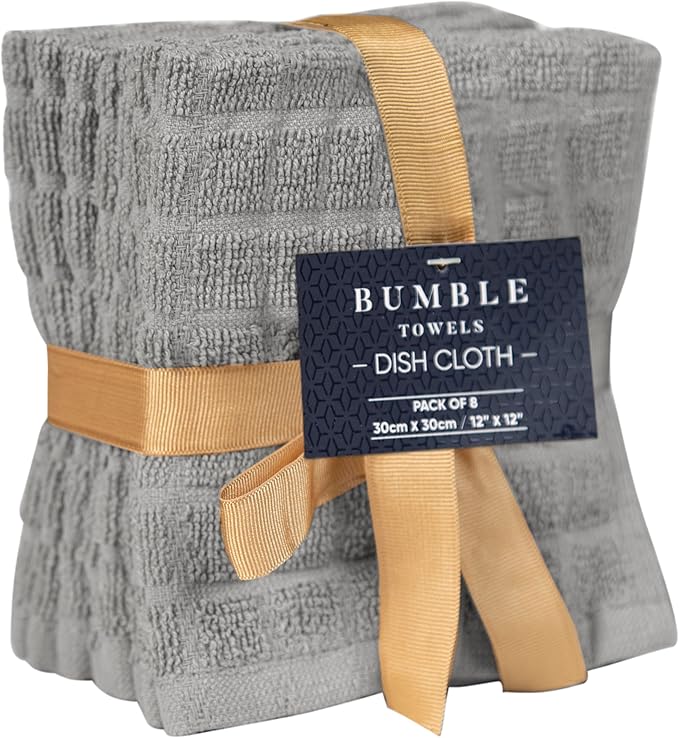 Bumble Dish Cloths (8 Pack) | 12" x 12" | 100% Cotton Kitchen Towels | 406 GSM | Soft, Highly Absorbent & Durable Dish Towels for Kitchen | Gray