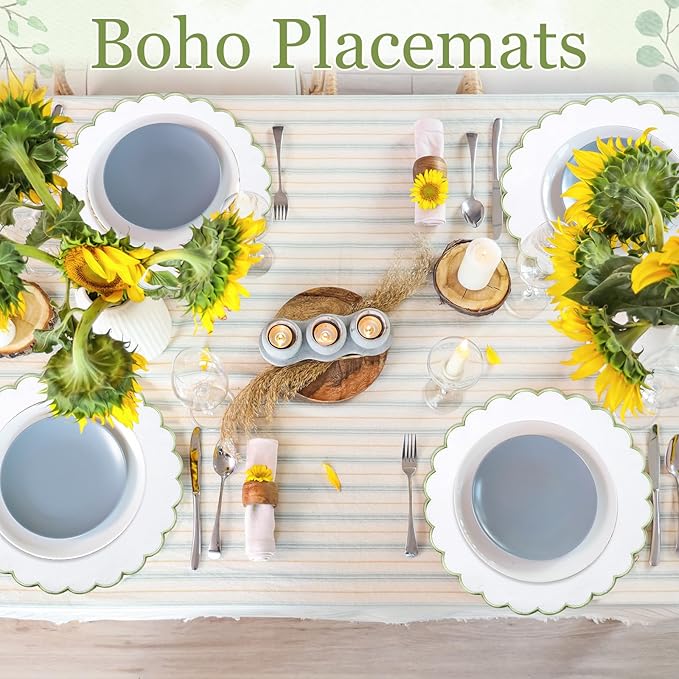 Set of 6 Round Placemats 15 Inch Cotton Scalloped Embroidery Placemat Washable Double Layered Rustic Dinner Table Mat Decor Fabric for Hotel Restaurant Kitchen(White/Green,Classic)