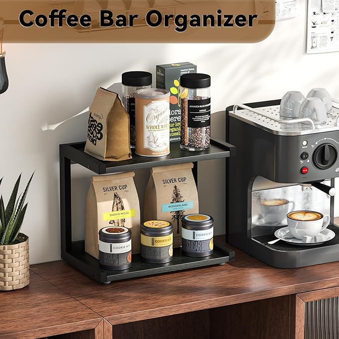 MARTY 2 Tier 12.6"x7.7" Counter Shelf Organizer Kitchen Spice Rack for Countertop, Coffee Station Organizer for Mugs Cups, Wood Shelf Desk Storage Organizer for Bathroom Home Office (Black)
