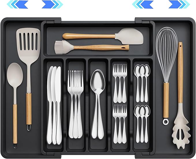 Iopsk Flatware Organizers - Kitchen Drawer Organizer for Utensils and Silverware Expandable Silverware Holder and Cutlery Tray Black Kitchen Decor and Accessories Large Storage Capacity