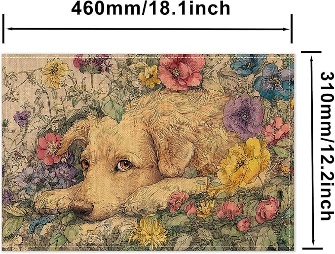 HOMETITUTE Placemats Set of 4 12x18 inch Dog Pattern Spring Table Mats for Dining Table Linen Placemats Farmhouse Decorations Kitchen Decor Desk Mat for Outdoor Home Party Kitchen Seasonal Dining