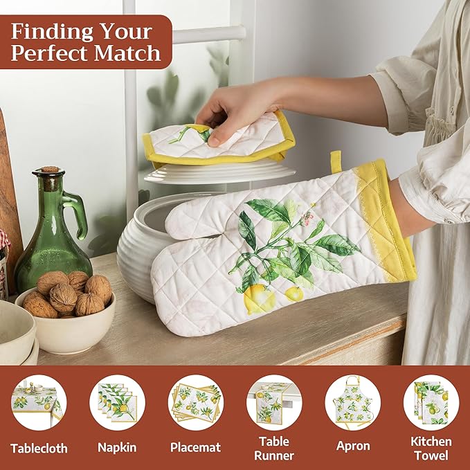 Maison d' Hermine Pot Holders 100% Cotton Heat Resistant Potholders 8" x 8" Hot Pads with Loop BBQ Cooking Baking Gifts for Mothers Day Handling Hot Pans Spring/Summer (Pack of 2, Limoncello)
