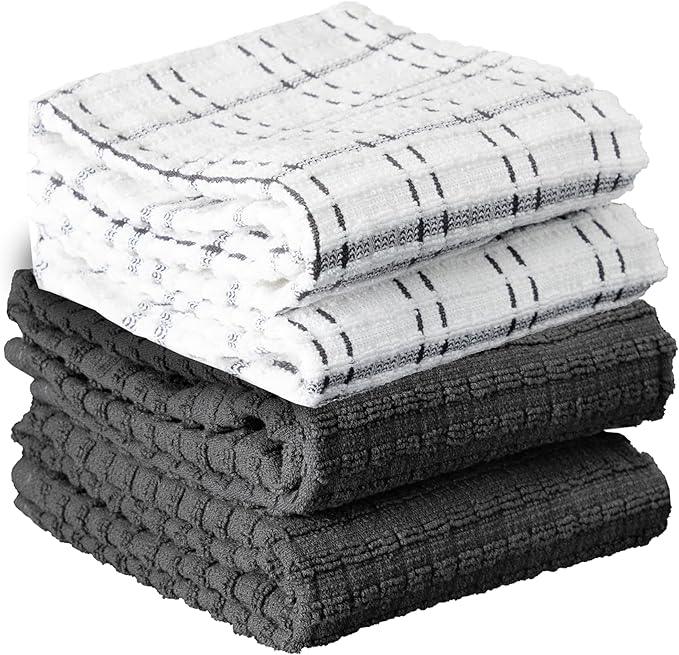 Ritz Royale Collection 100% Combed Terry Cotton, Highly Absorbent, Kitchen Towel Set, 13-3/4" x 12", 4-Pack, Solid & Checked, Graphite