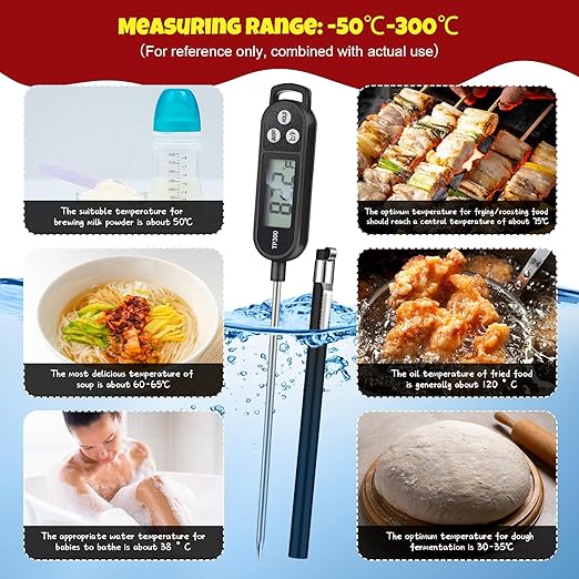 Copkim 6 Pcs Instant Read Meat Thermometer with Long Probe 9.65 Inch Kitchen Cooking Food Candy Waterproof Digital Thermometer for BBQ Water Milk Yogurt Liquid (Round&Square Ring,Black,White,Red)